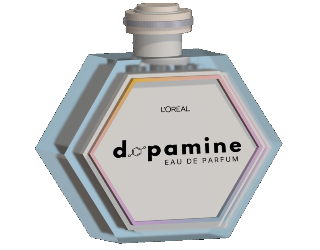 Dopamine — dopamine eau de parfum logo and hexagonal glass bottle with L'Oréal branding