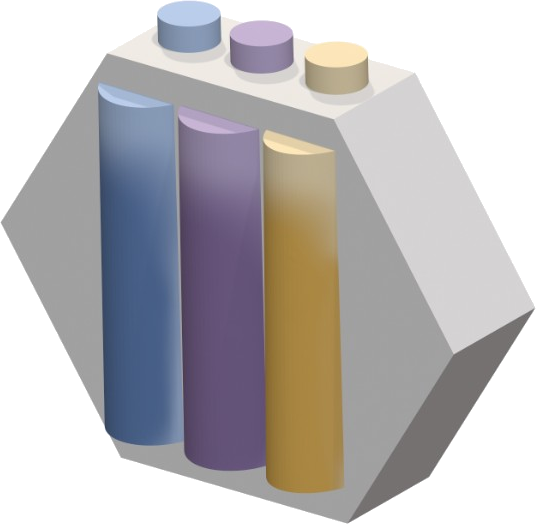 Angled view of the hexagonal Dopamine bottle showing the three removable fragrance pods and their caps seated in the holder