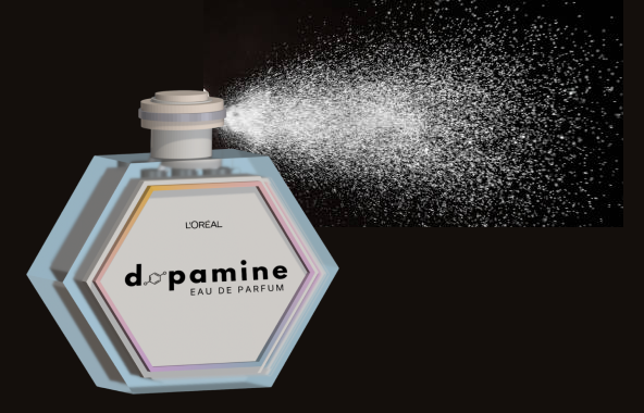 Dopamine eau de parfum bottle spraying a fine mist of fragrance