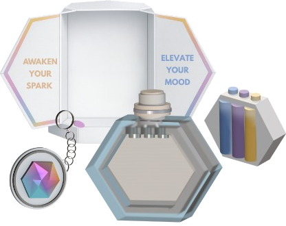 Dopamine unboxing: the hexagonal bottle, an NFC keychain, a tray of three fragrance pods, and the open package printed with Awaken your spark and Elevate your mood