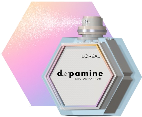 The Dopamine Eau de Parfum bottle spraying against a pink and lilac gradient hexagon