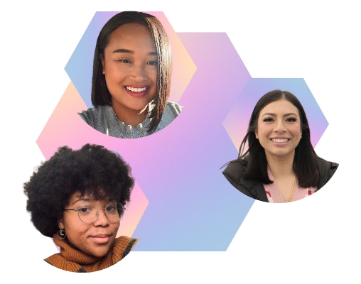 Three smiling people wearing Dopamine, framed in overlapping pastel gradient hexagons