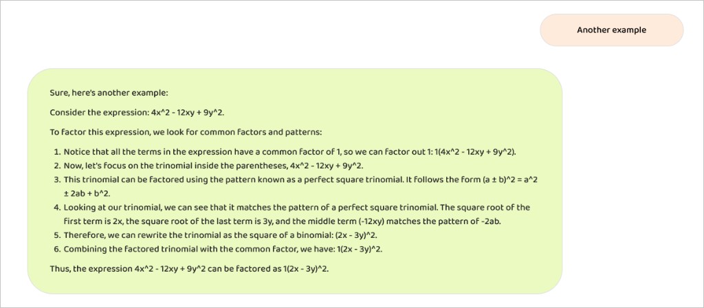 Revised design: Another example pill and green rounded bubble with the same factoring content in chat style.