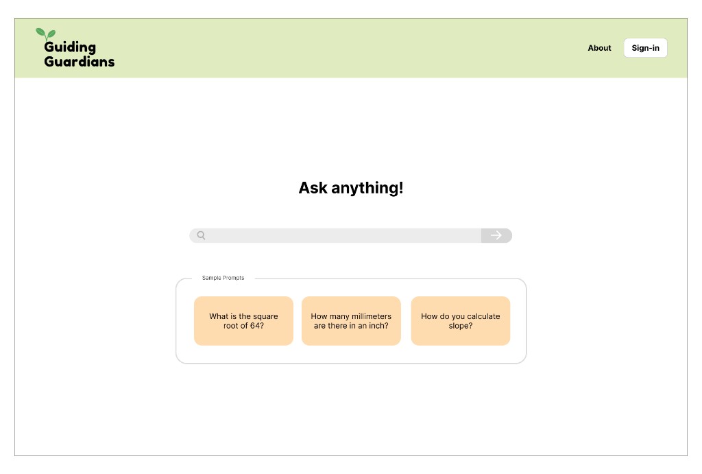 Wireframe 1: Guiding Guardians ask-anything home screen with prompt cards.