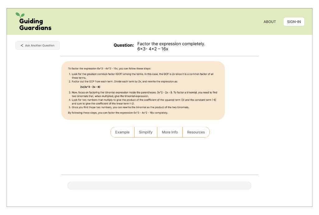 Wireframe 3: Results view with question, explanation panel, and action tabs.
