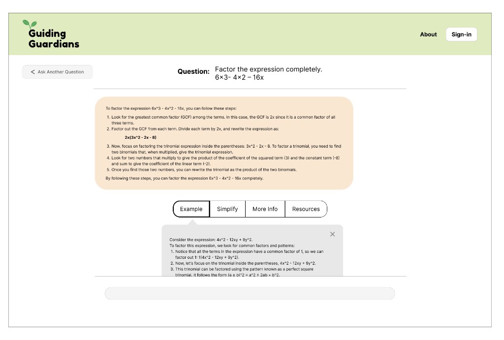 Wireframe 4: Results view with example tab selected and expanded example panel.