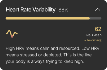 Heart Rate Variability expanded card with RMSSD and progress bar