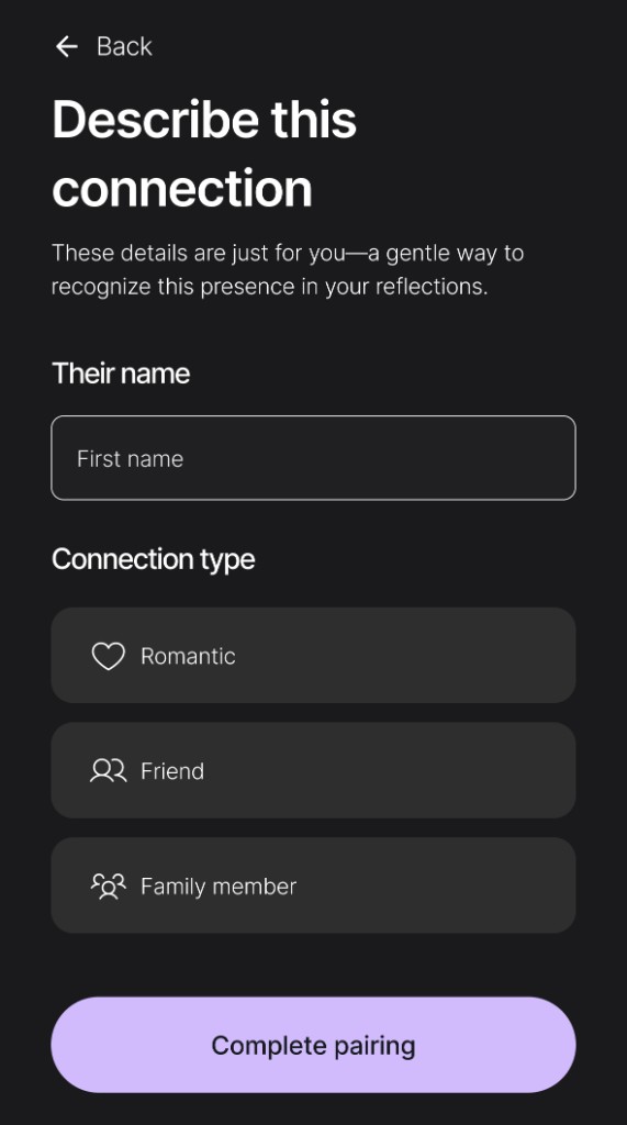 Describe this connection: name field, connection type options, and Complete pairing button