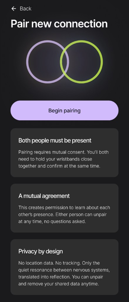 Pair new connection: overlapping rings, Begin pairing button, and consent cards