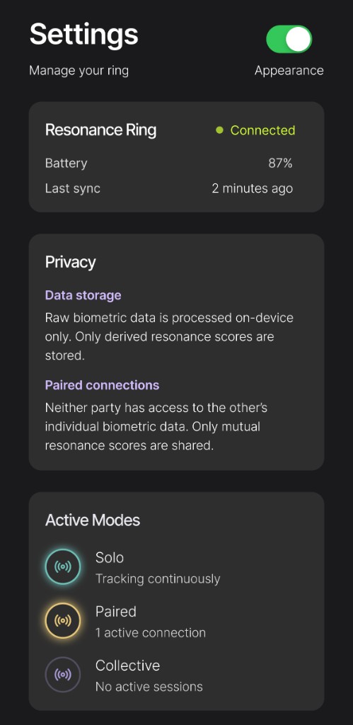 Settings: Resonance Ring status, privacy, and Solo Paired Collective modes