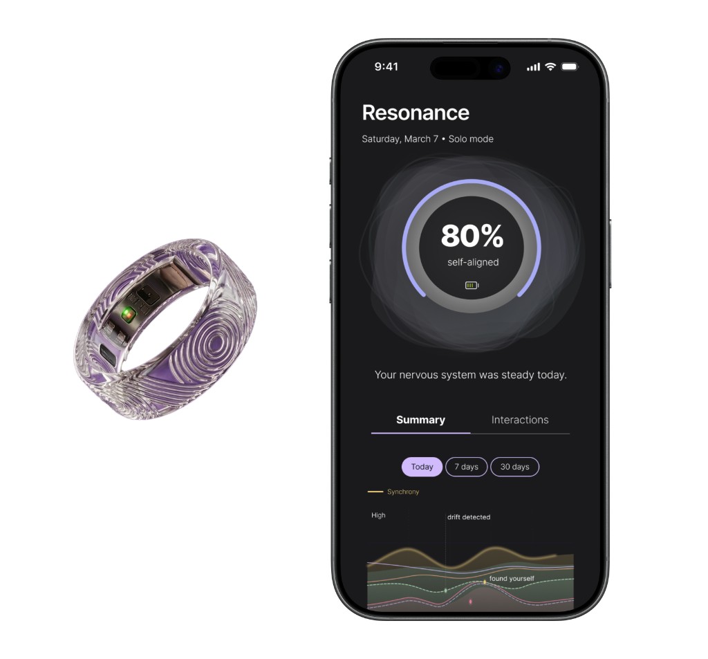 Resonance — smart ring and mobile app showing the wellness dashboard